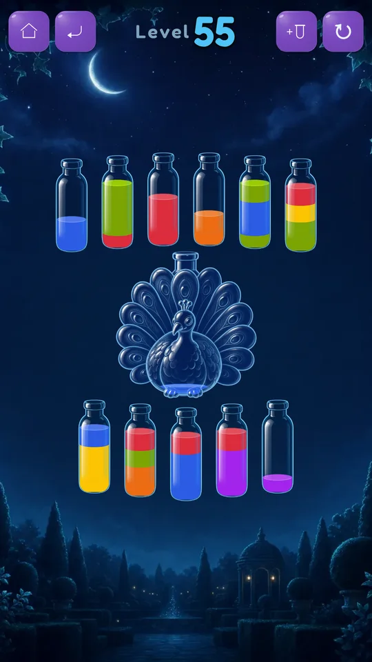 Actual Super Water Sort gameplay with colourful glass bottles