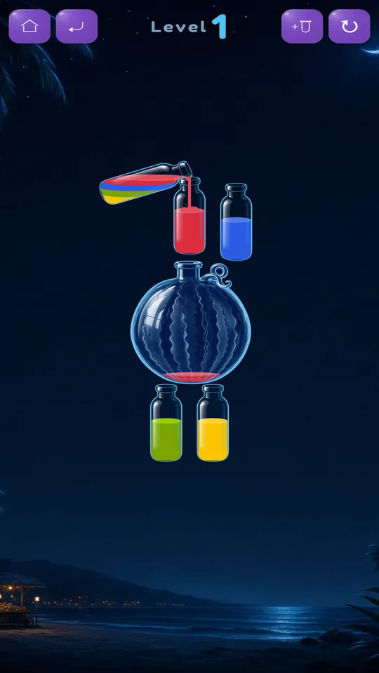 A Super Water Sort board mid-pour: a tilted glass bottle streams red liquid into another while its remaining layers stay level
